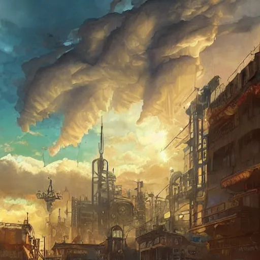 Prompt: concept art of an steampunk city by ayami kojima, cumulonimbus clouds, sunset, nostalgic, very very very beautiful art, cinematic lighting, bright pastel color, blue sky