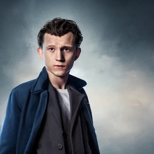 Image similar to tom holland as a rough dirty old man with a scruffy beard in a dark blue trenchcoat as the new doctor who, cinematic, volumetric lighting, f 8 aperture, cinematic eastman 5 3 8 4 film, photorealistic