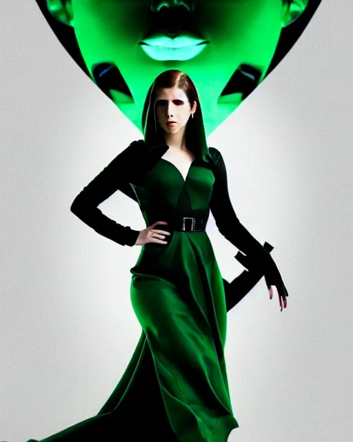 Prompt: David Villegas art, cinematics lighting, beautiful Anna Kendrick supervillain, green dress with a black hood, angry, symmetrical face, Symmetrical eyes, full body, flying in the air over city, night time, red mood in background