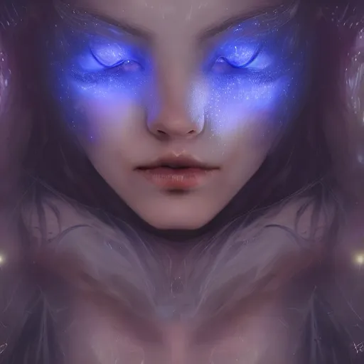 Image similar to masterpiece digital painting realistic portrait of beautiful elf goddess, 3 0 years woman, close face view, soft face, moonlight, elf forest background, at night, by luis royo, artstation, deviantart, unreal engine, 8 k, cinematic lights, dark blue purple tones, aura effects, light sparks