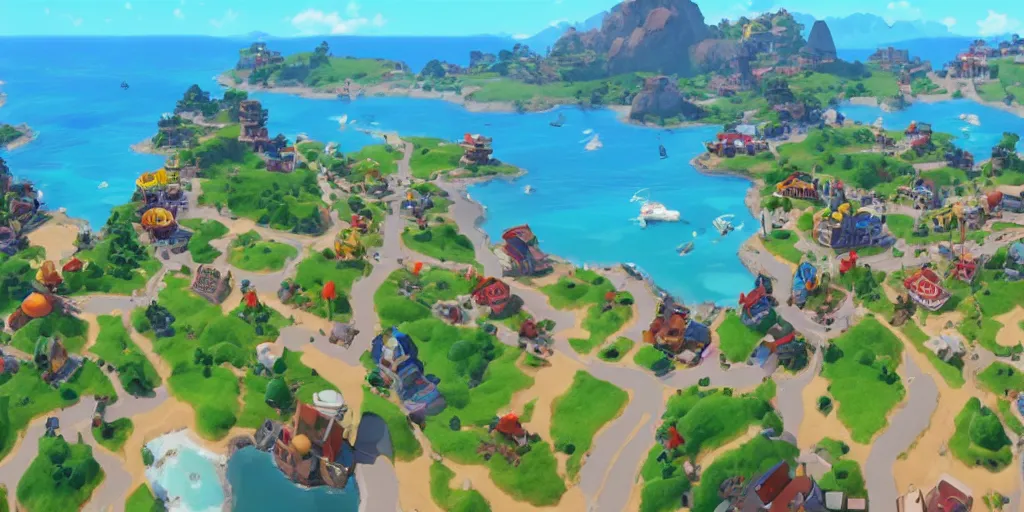 Image similar to medium sized coastal town in a video game similar to pokemon sword and shield. varied height level terrain, overview