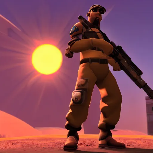 Image similar to Soldier from Team Fortress 2 in front of the sun, cinematic, 8k