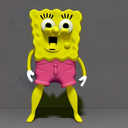 Image similar to 3D model of Spongebob doing push-ups, as Patrick Star encourages him, white background, studio lighting