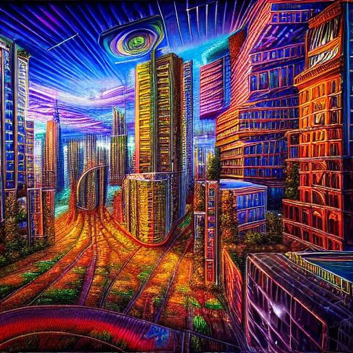 Image similar to highly detailed urban landscape, in the style of alex grey, tool, global illumination, radiant light, detailed and intricate environment h 6 0 4