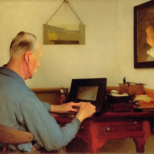 Image similar to poor grandpa trying to figure out how to send an email sitting in his small room looking at his lenovo thinkpad laptop t 4 1 0 8 gb ram jamie wyeth greg rutkowski winslow homer thomas eakins lucian freud edward hopper j. m. w. turner oil painting