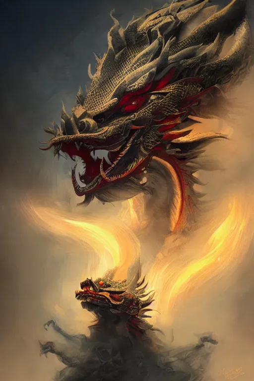 Image similar to chinese dragon god, close - up portrait, powerfull, intricate, elegant, volumetric lighting, scenery, digital painting, highly detailed, artstation, sharp focus, illustration, concept art, ruan jia, steve mccurry