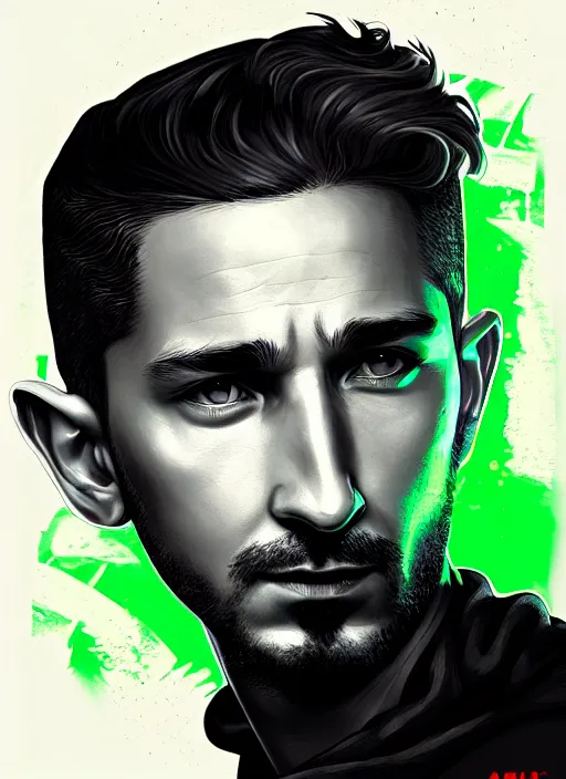 Prompt: highly detailed closeup portrait motivational poster of shia lebouf with large bold letter motivational words by greg rutkowski, by artgerm, gradient green, black and white color scheme