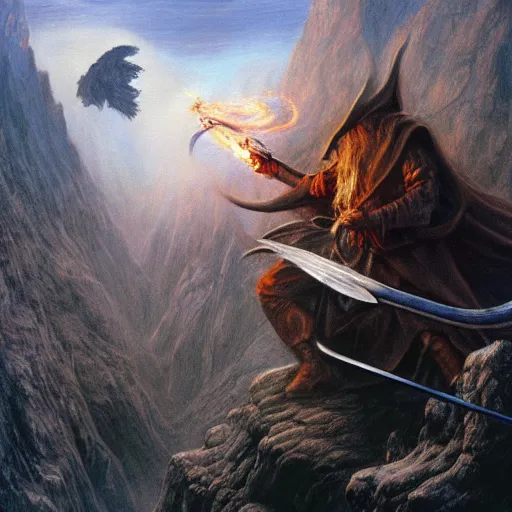 Image similar to beautiful gandalf fighting the balrog, by alan lee, lord of the rings, smooth, detailed terrain, oil painting, matte painting, concept art, trending on artstation