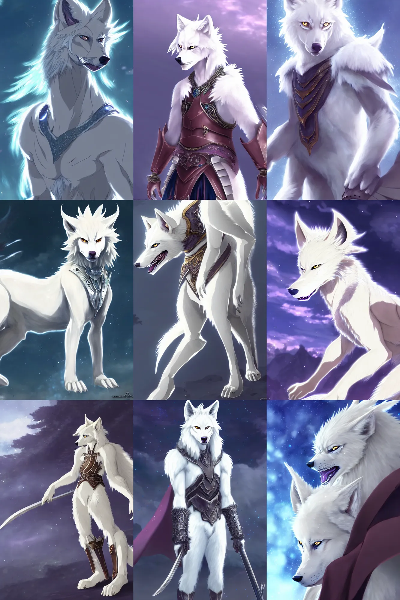 Prompt: albino anthro wolf wearing magical fantasy armor, fursona, anthro, anime key visual, detailed armor, makoto shinkai, portrait