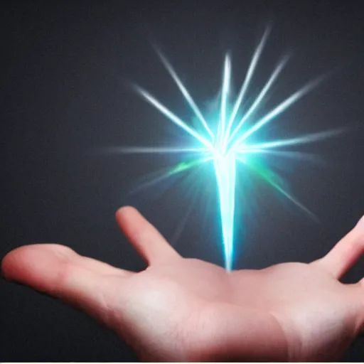 Image similar to an open hand facing up, a glowing shard of kryptonite is floating above the palm of the hand, pitch dark room