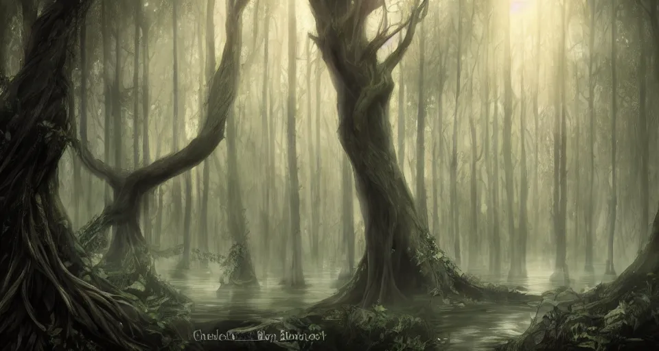 Image similar to A dense and dark enchanted forest with a swamp, by Charlie bowater