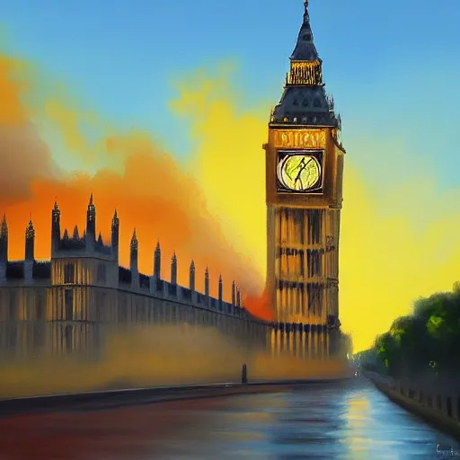 Image similar to detailed, soft, dynamic painting of the Big Ben in flames, burning, arson, professional painting, at dusk