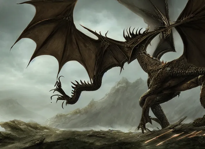 Prompt: dragon on the ground standing, epic, cinematic, fantasy art, concept art, photorealistic, highly detailed,