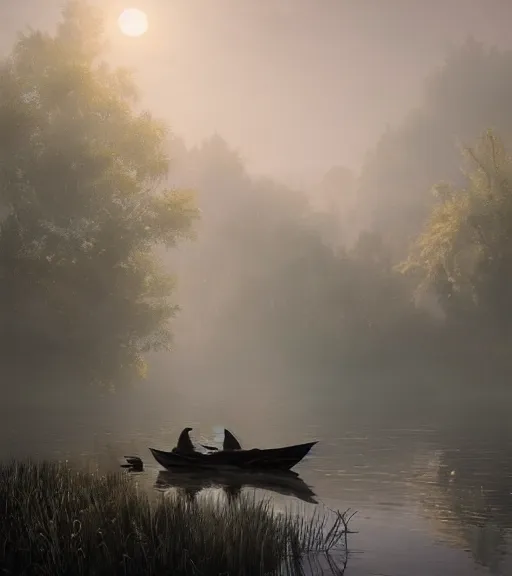 Image similar to three crows in a little boat in a swamp, volumetric lighting, fog, majestic light, octane render, ethereal glare of the sun, hyperrealistic, epic, masterpiece, by greg rutkowski