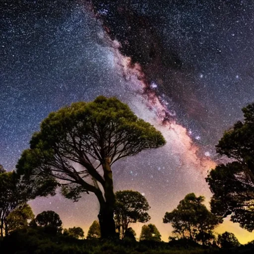 Image similar to a small planet that is covered in large trees and in front of many stars shining in the dark night sky