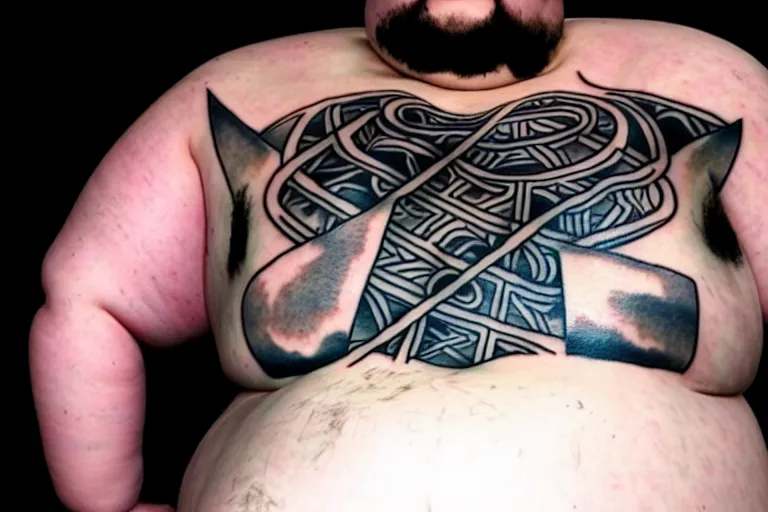 Prompt: world's ugliest tattoo of Mjölnir on a fat man's belly