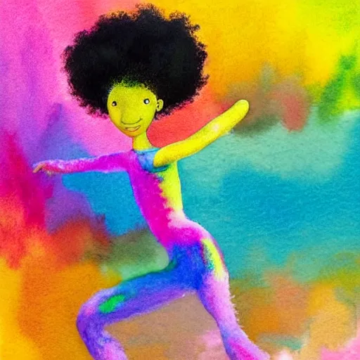 Image similar to a black girl with a colorful afro and rainbow eyes doing ballet, bright colours, bokeh!! watercolor, volumetric wool felting, macro photography, children illustration, by goro fujita