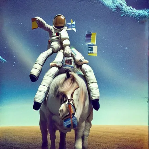 Image similar to the horse sat on the astronaut's head, on his back, style surrealism