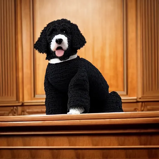 Image similar to a closeup photorealistic photograph of a cute smiling knitted bernedoodle judge dog dressed in a black gown, presiding over the courthouse. indoor image, professional capture, well lit shot. this 4 k hd image is trending on artstation, featured on behance, well - rendered, extra crisp, features intricate detail, epic composition and the style of unreal engine.