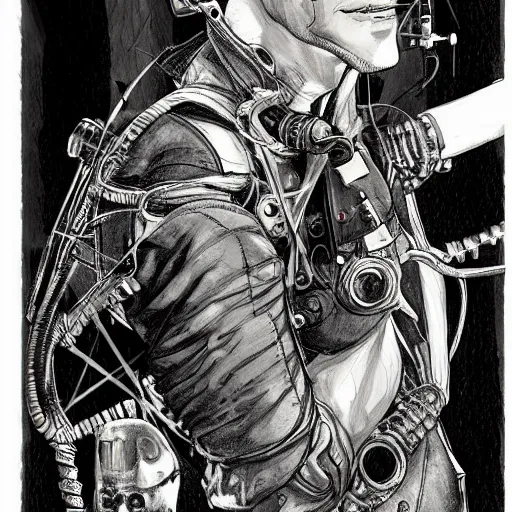 Prompt: cyborg male, slim, short hair, small scar on the chin, leather jacket with steampunk elements, one robotic arm and big shoes, book cover, deep shadows, by Dave McKean sketch lineart for character design