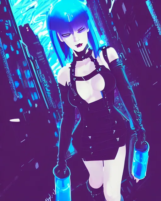 Image similar to digital illustration of cyberpunk pretty girl with blue hair, wearing a black dominatrix outfit, in city street at night, by makoto shinkai, ilya kuvshinov, lois van baarle, rossdraws, basquiat