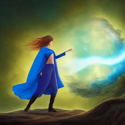 Image similar to high definition illustration of young mage woman with long blue cape, fire in outstretched hand, flowing brown hair, enjoying the view of a horizon of close planets in the sky, dense jungle, high definition, extremely detailed, hyper realism