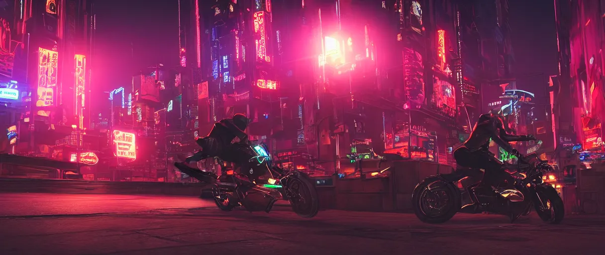 Prompt: a leather-clad thief on a motorcycle making a getaway in a glowing neon cyberpunk city at night by Karl Thiart, unreal engine, cinematic atmosphere, close up viewed from below