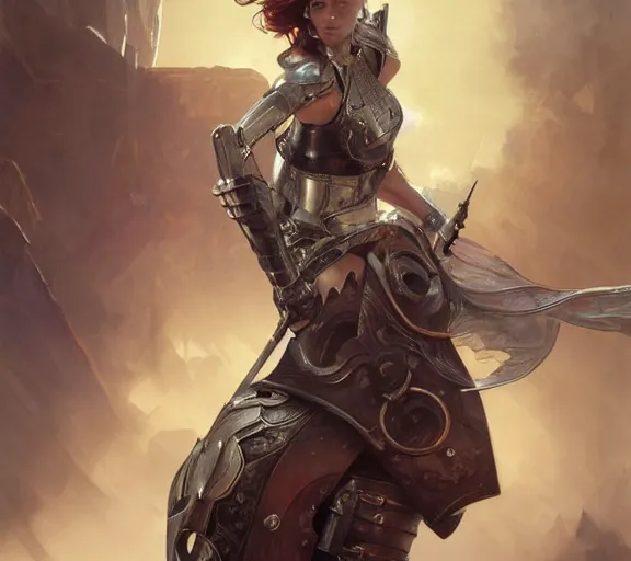 Image similar to photography girl warrior armour, chrome, deep focus, intricate, elegant, highly detailed, digital painting, artstation, concept art, matte, sharp focus, illustration, art by artgerm and greg rutkowski and alphonse mucha and gil elvgren