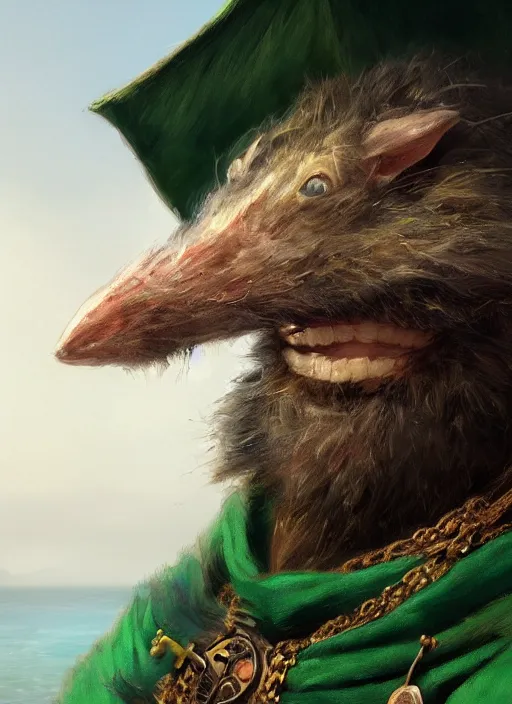 Prompt: humanoid rat with beard, serious, mean eyes, wearing jewelry, tricorne hat, green robe, D&D, digital art, detailed face, highly detailed, trending on artstation, 4k, sea in the background, art by greg rutkowski