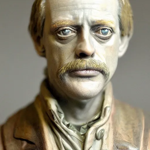 Image similar to hyper realistic closeup bust of a new england fisherman, steve buscemi, painted, colorized, bossons vintage chalkware, by emile renouf