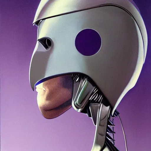 Image similar to self portrait of a humanoid raven with a helmet in the shape of a beak. purple and black body armor, digital art, realistic, ultradetailed, concept art in the style of Science Fiction. art by Syd Mead and Moebius, trending on artstation, devianart, cgsociety