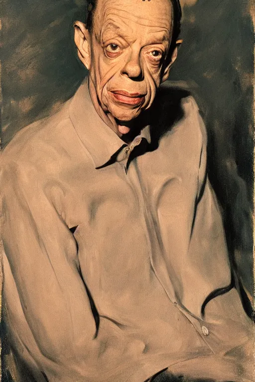 Image similar to portrait of don knotts sitting with full face full figure, in the style of expressionism, soft light, volumetric light, subsurface scattering, translucent skin, john singer sargent