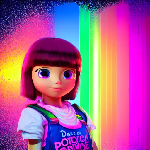 Image similar to 35mm macro shot portrait of an extremely cute and adorable Cyberpunk Prismatic Spectrum Cosmic Magical Girl Dora The Explorer from the Rainbow Sky Paradise playing Dance Dance Revolution at Eurovision and Tomorrowland, large piercing eyes, smirk, ambient occlusion, DAZ, cinematic lighting, 3D render, unreal engine 5, professional graflex photograph, flat vector art background, still from The Lord of The Rings reboot directed by Mark Ryden and Artgerm