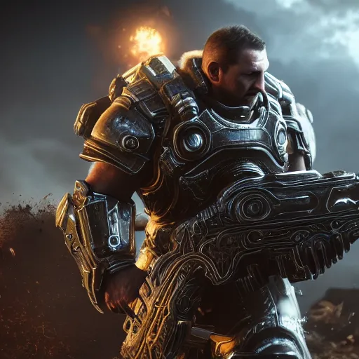 Image similar to holy paladin in gears of war, splash art, movie still, detailed face, photorealistic facial features, cinematic lighting, dramatic, octane render, long lens, shallow depth of field, bokeh, anamorphic lens flare, 8 k, hyper detailed, 3 5 mm film grain