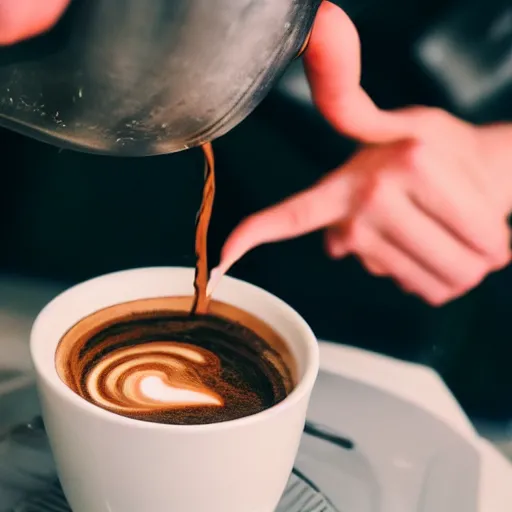 Prompt: a closeup photorealistic photograph of a barista, pouring latte art. film still, vibrant colors. this 4 k hd image is trending on artstation, featured on behance, well - rendered, extra crisp, features intricate detail, epic composition and the style of unreal engine.