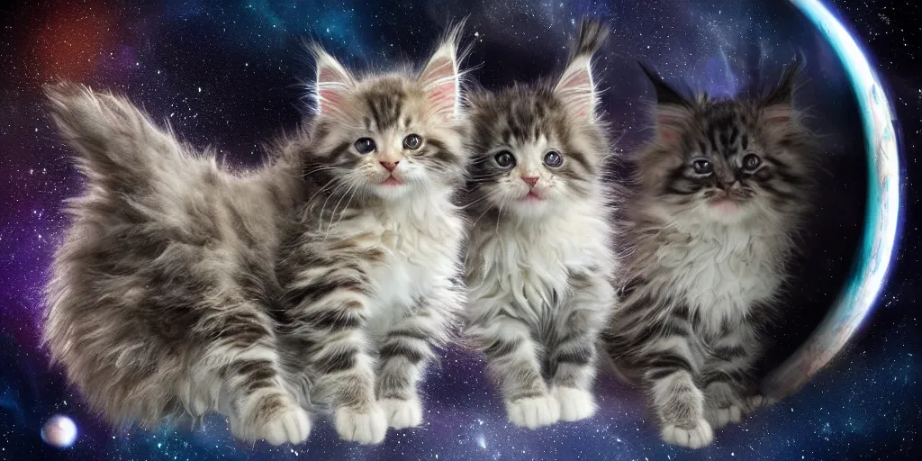 Prompt: a 3 d rendered movie still maine coon kitten descendant 1 million in the future. kitten wears a spacesuit, and explores cosmos in a space ship with a cat tree. science fiction blockbuster movie kittens rule the world or what's on tv? kittens!, dramatic lighting, imax 7 0 mm. buzz lightyear, ue 5, octane render.