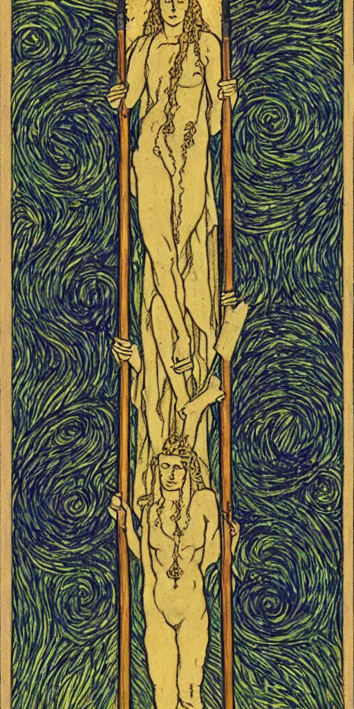 Prompt: three of wands tarot card by austin osman spare