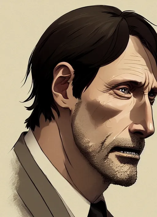 Image similar to portrait of mads mikkelsen, artstation, detailed cartoon, elegant, digital painting, concept art, smooth, sharp focus, illustration, ghibli, makoto shinkai, don bluth, fujita goro, jean giraud, akihiko yoshida, tom whalen 8 k