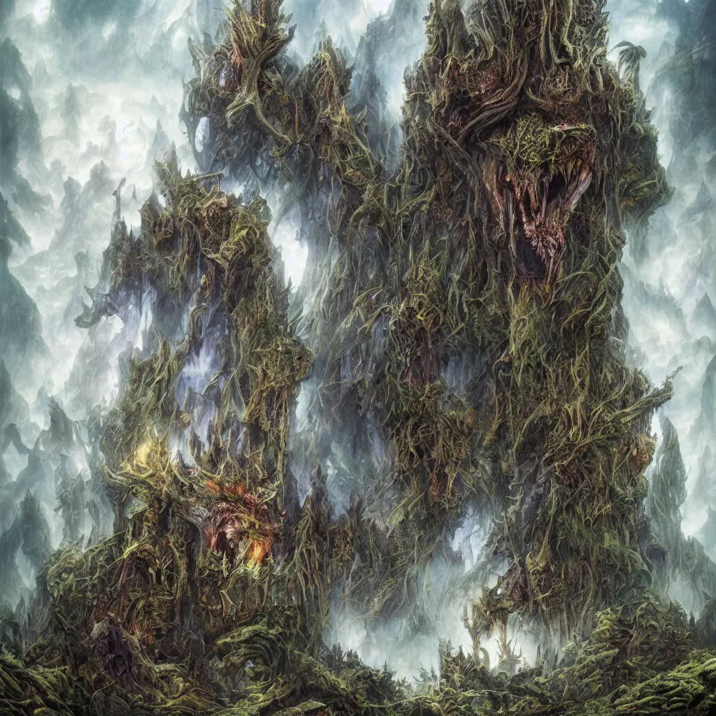 Image similar to cursed evil mountains of malevolence, upward cinematic angle, by rodney matthews, michael kaluta and bill sienkiewicz, ghostly darkness, thick lush woodland atmosphere, stunning composition, roaring monster faces, intricate, elegant, digital art, hyperdetailed, colorful hyperrealism, brilliant photorealism, horror masterpiece, 4k