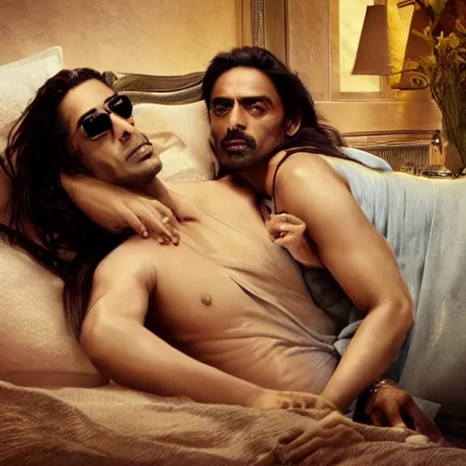 Prompt: kareena kapoor with arjun rampal in the bed, au naturel, hyper detailed, digital art, trending in artstation, cinematic lighting, studio quality, smooth render, unreal engine 5 rendered, octane rendered, art style by klimt and nixeu and ian sprigger and wlop and krenz cushart.