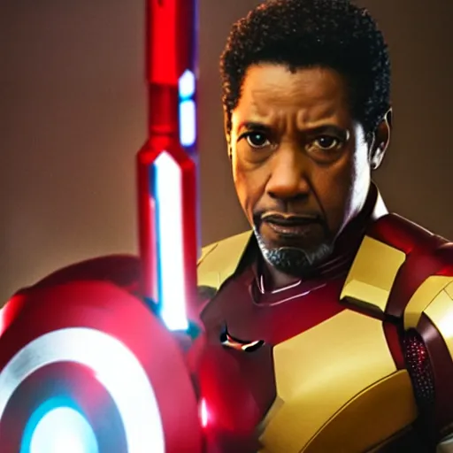 Image similar to DSLR film still of Denzel Washington as Iron Man in new Avengers movie, 4k