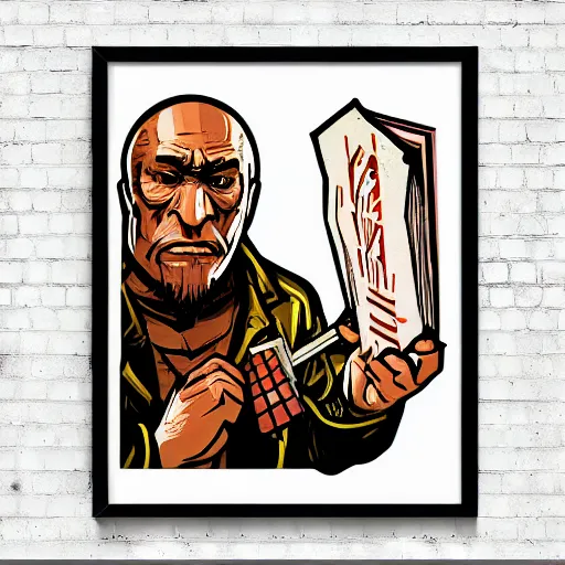 Image similar to saint homo neanderthalis, portrait, propaganda poster, with book of science on his right hand, and riffle, pop art, gta chinatown wars art style, bioshock infinite art style, hyperrealistic, two colors, white frame border, 4 k, uhd, remove duplicate content, align left content.