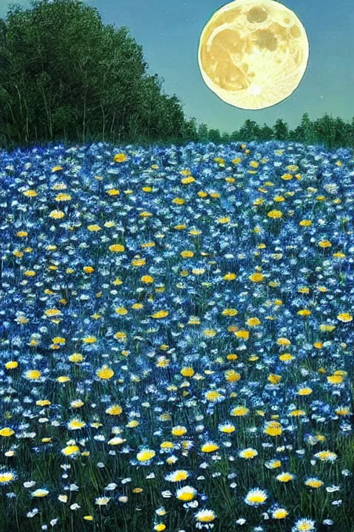 Prompt: night, the moon is shining in blue, the blue color of the moon chamomile field, unfinished house!!!!!, shadows from trees, hyperrealism!!!!!!!