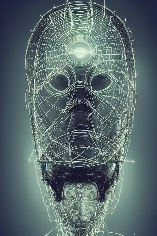 Image similar to organic cyborg head wrapped in barb wire by Jamie Coreth, trending on artstation, centered, symmetrical, cinematic lighting, hologram colors, bilateral symmetry, 80s poster, polished, thick smoke, retro dark vintage sci-fi, 2D matte illustration