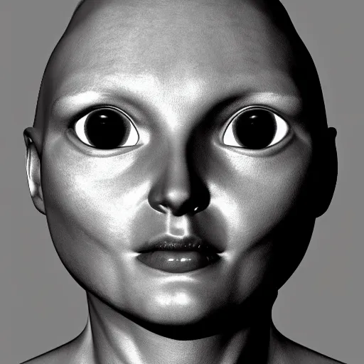 Image similar to r 7 0 3 8 xx from mother in remastered 3 d geometry with raytraced highly reflective material while eve is reflected in its eyes