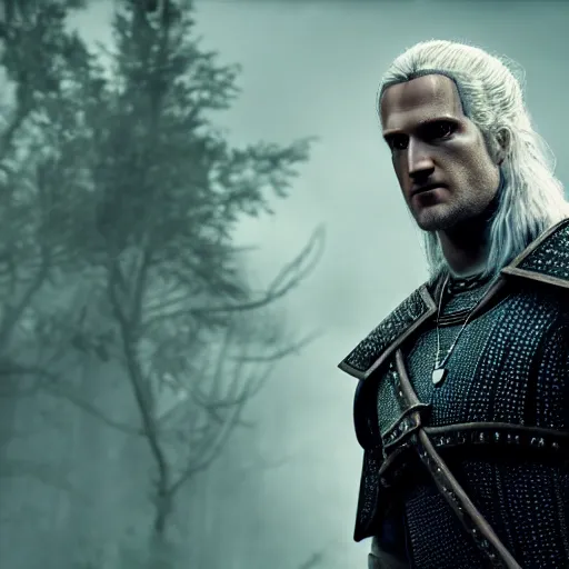 Image similar to Mark Zuckerberg as The Witcher, 4K, epic, cinematic, focus, movie still, fantasy, serious, extreme detail, atmospheric, dark colour