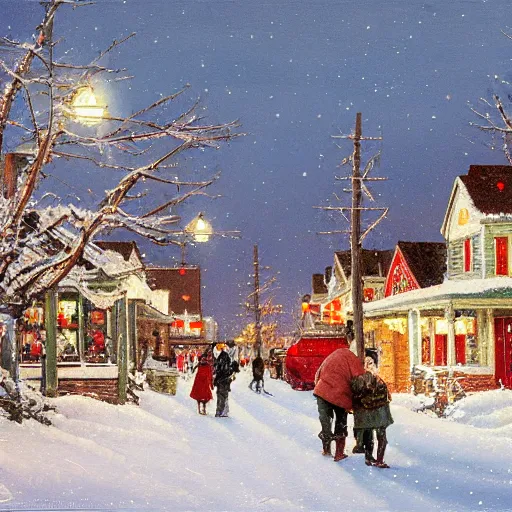 Image similar to painting of Snowy small town during Christmastime, quaint, twinkle lights, Norman Rockwell style, Greg Rutoski, oil on canvas, highly detailed