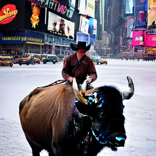 Prompt: wild west cowboy riding a buffalo in times square while it ’ s snowing