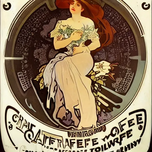 Prompt: most attractive cup of flat white coffee ever alphonse mucha