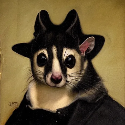 Prompt: sugarglider in a suit 1 5 9 5, a dnd fantasy, chiaroscuro medieval sugarglider, devilish lighting, sugarglider animal perfect epic painting. official portrait, dnd character painting by gibbs - coolidge. oil on canvas, wet - on - wet technique, underpainting, grisaille, chiaroscuro realistic. restored face.